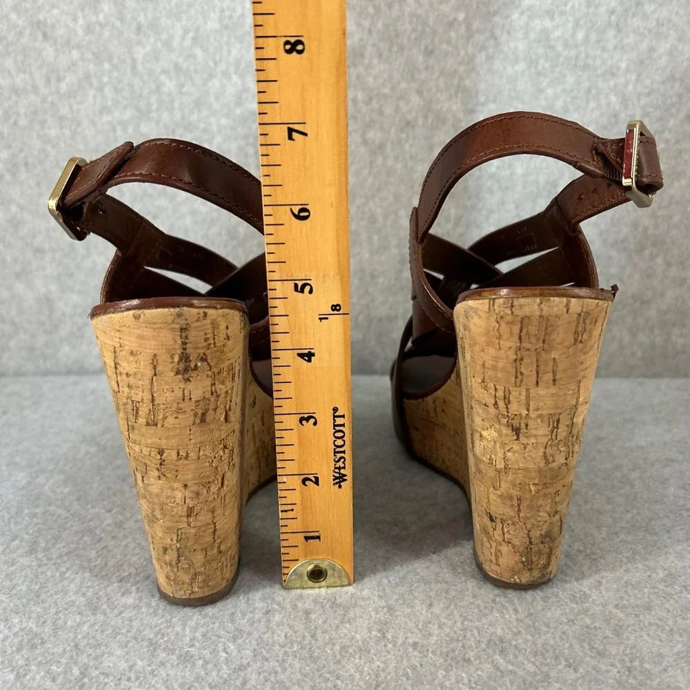 Tory Burch Ace Wedge Heels Brown Sienna Leather Strappy Cork Sandals Size‎ 7 M